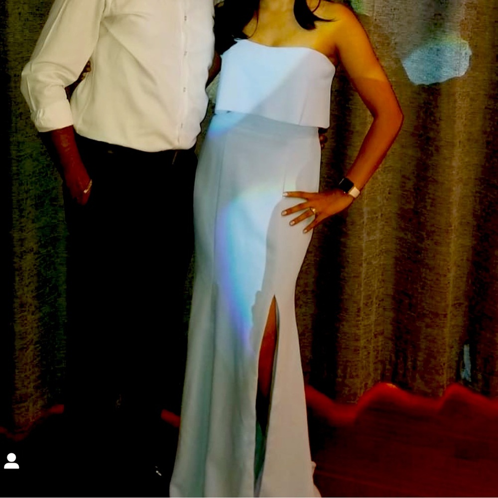 XSCAPE baby blue strapless gown